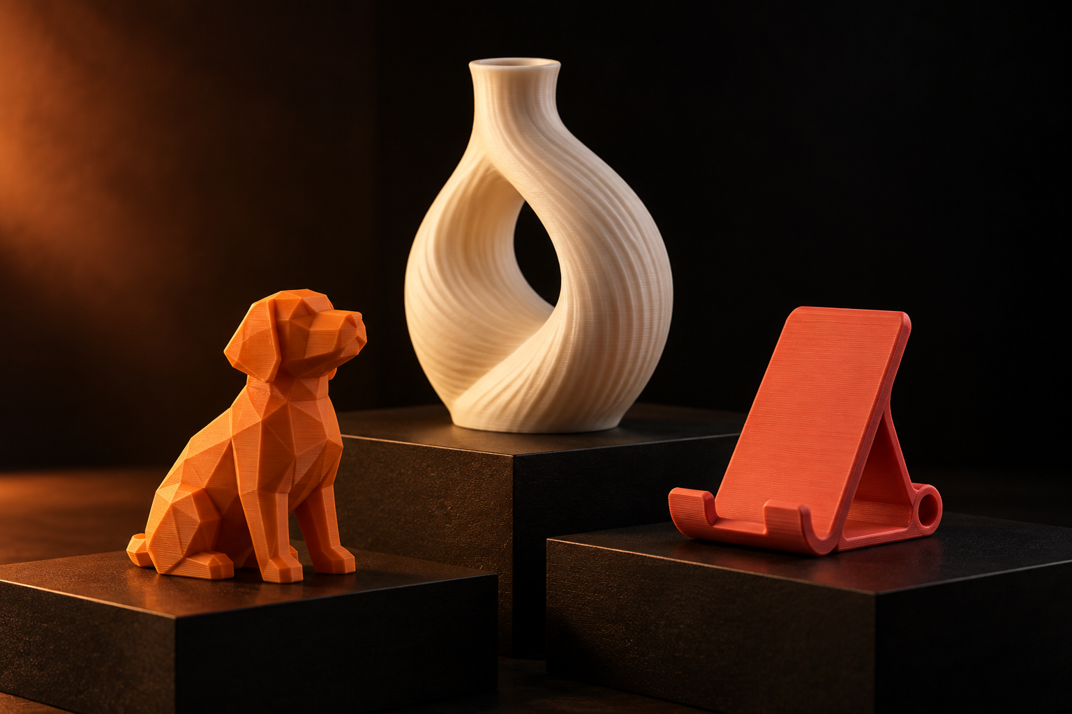 Concept examples: an orange dog keepsake, a cream loop vase and a coral phone stand, all with 3D printed texture